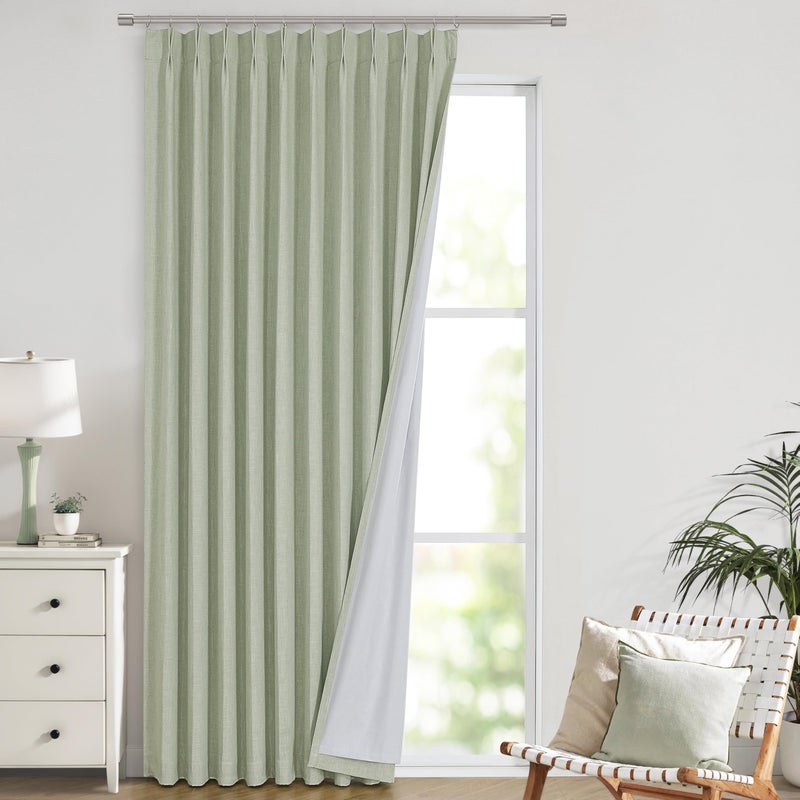 Vision Home Soft Green Pinch Pleated Full Blackout Curtains Linen Blended Room Darkening Window Curtains 112 inch for Living Room Bedroom Thermal Insulated Pinch Pleat Drapes with Hooks 60"" Wx112 Lx1 - Image 1